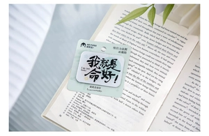 Detail of creative acrylic fridge magnet with 'I am just lucky' calligraphy on a book