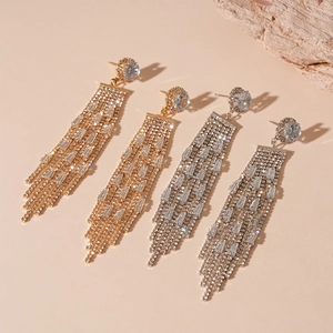 Elegant Tassel Earrings Zircon Rhinestones Copper Body And Silver Earring Post Geometric Luxury Style For Women
