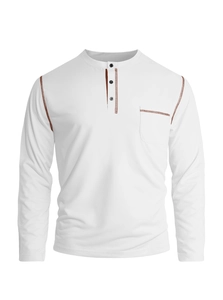Close-up of white long sleeve Henley shirt with brown contrast stitching and chest pocket