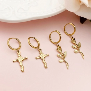 Elegant gold titanium steel hoop earrings with rose and cross pendants for women