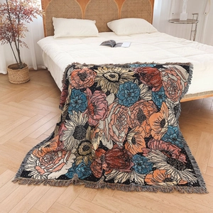 Bohemian floral cotton knit picnic blanket with colorful tassels for outdoor camping decor