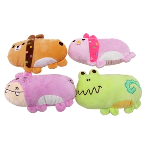 Detailed grid view of four colorful plush animal toys with soft textured dinosaur fabric