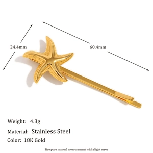 Detailed view of stainless steel starfish hair clip with 18K gold plating and measurements