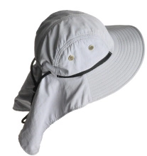 Detail of adjustable drawstring and breathable metal eyelets on a light gray sun hat