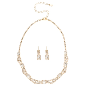 French vintage gold jewelry set featuring square rhinestone pendant necklace and earrings