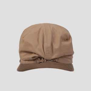 Detail of khaki cotton newsboy hat with pleated design and elastic back strap