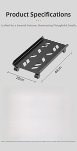 Black steel PC tower stand with mesh cooling holes and universal casters size 40x20cm