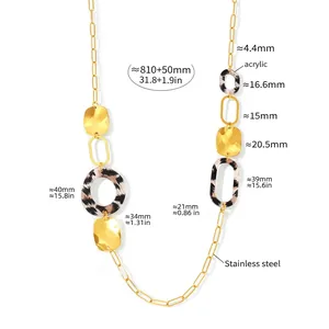 Detail view of long gold stainless steel leopard acrylic necklace with dimensions 810+50mm