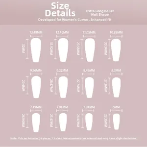 Size chart showing width and length in mm for 12 sizes of extra long coffin press-on nails