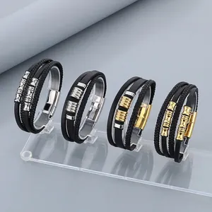 Bracciale In Pelle Intrecciata Multistrato Da Uomo Chiusura Magnetica In Acciaio Inossidabile Gioielli Punk