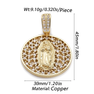 14K gold plated Virgin Mary pendant with cubic zirconia inlay and product dimensions