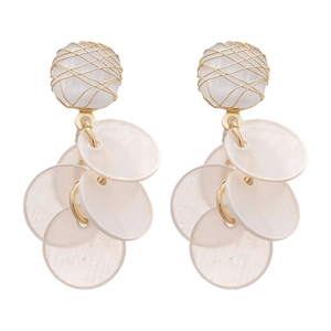 Elegant gold-wrapped opal stud earrings with shell tassel pendants on white background