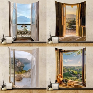 Bohemian landscape tapestry set with Mediterranean window view for wall decoration