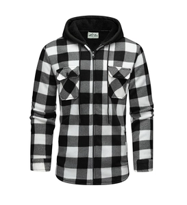 Close-up of black and white plaid flannel jacket with hood and functional chest pockets
