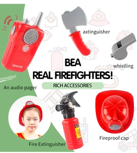 Detailed components of a 6-piece kids firefighter costume set with helmet and tools