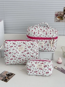 Floral Print Quilted Corduroy Makeup Bag Portable Toiletry Organizer Travel Cosmetic Storage Pouch Fresh Style
