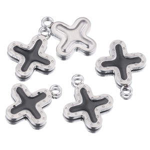 Polished stainless steel cross charms with black enamel inlay and dotted silver edges
