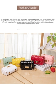 Mini PVC jelly bags with quilted pattern and gold chain straps on wooden table