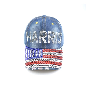 Harris Letter Rhinestone Baseball Cap US Flag Bling Denim Cotton Adjustable Snapback Fashion Sun Hat For Women Men