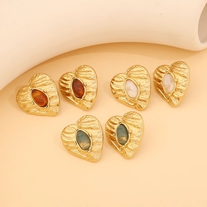Vintage Heart Shaped Stainless Steel Stud Earrings With Oval Synthetic Gemstone Textured Gold Plated Retro Jewelry For Women