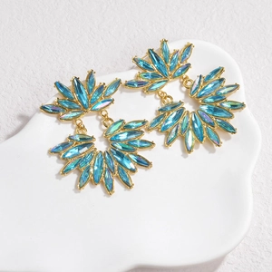 Exaggerated flower-shaped sparkling crystal drop earrings with lake blue marquise stones