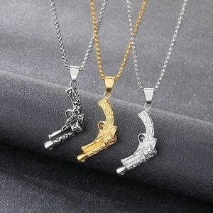 Punk style stainless steel pistol pendant necklaces in gold and silver finishes for men