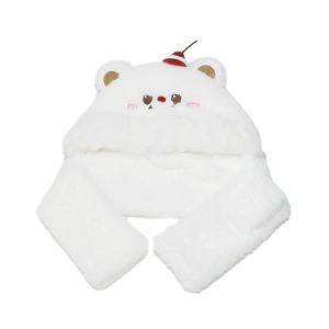 Detail of white plush bear hood scarf combo with cute red striped hat and embroidery