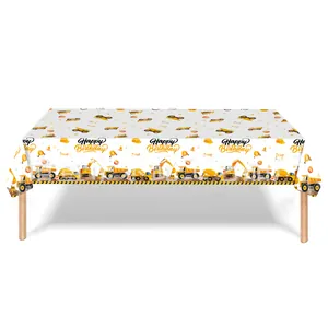 Detailed pattern of construction vehicle tablecloth with yellow excavators and birthday text