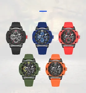 Cinq montres de sport pour hommes avec bracelets en silicone en noir, bleu, rouge, vert et orange