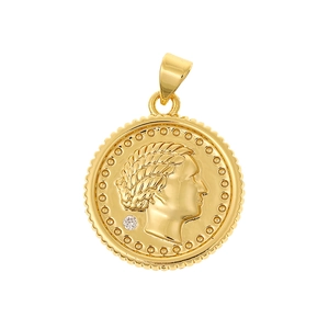 18K gold plated copper coin necklace pendant featuring vintage embossed queen portrait