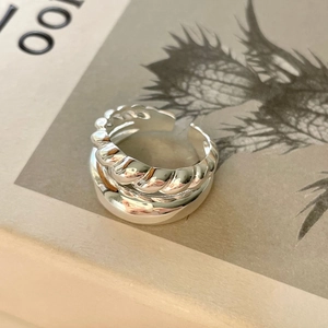 Minimalist S925 silver ring set with twisted texture and smooth wide band for women