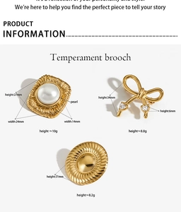 Trois élégantes broches dorées en acier inoxydable avec nœud, perle et motifs texturés
