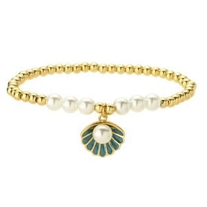 Bracciale minimalista in perline dorate con perle bianche e ciondolo a conchiglia blu