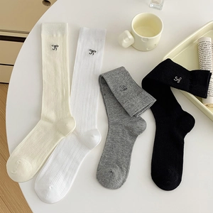 Slouch Socks Women Cotton Blend Ribbed Knit Bow Embroidery Mesh Hollow Out Japanese Style Breathable Calf High Socks Girls