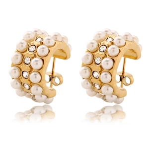 Elegant 18K gold-plated C-shaped earrings with rows of pearls and sparkling crystals
