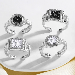 Horloge Vorm Verstelbare Ring Koper Met 18K Verguld Zirkoon Emaille Creatief Wijzer Ontwerp Sieraden Voor Dames