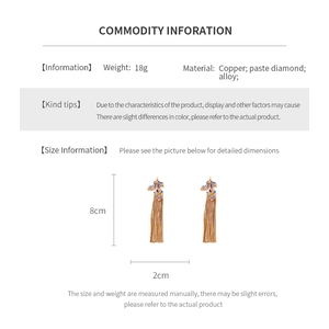 Detailed size specifications for leaf tassel earrings with copper and paste diamonds