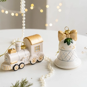 Exquisite white and gold Christmas train and bell ornaments for tree decoration