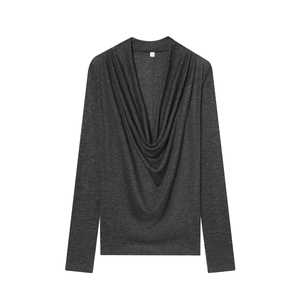 Dunkelgraues Langarm-T-Shirt für Damen mit elegantem Wasserfallausschnitt und Stricktextur
