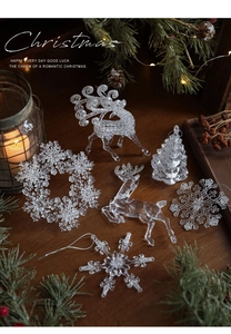 Detailed view of clear acrylic Christmas ornaments with reindeer and snowflake shapes