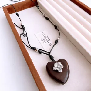 Vintage Heart Wood Pendant Necklace With Silver Metal Flower Long Black Rope Chain Retro Maillard Style Jewelry For Women