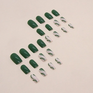 Green bamboo leaf agate wave pattern press-on nails with shiny square oval finish
