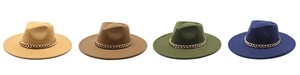 Detail of wool fedora hats with bold gold chain bands in four vibrant autumn colors