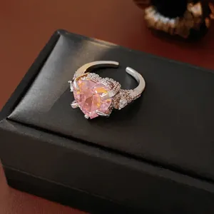 Luxury silver heart-shaped pink zircon ring with pavé micro-inlays and adjustable band