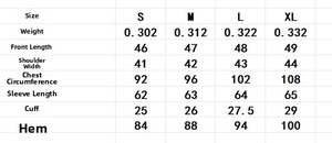 Detailed size chart for lace patchwork blazer showing S to XL measurements and weight