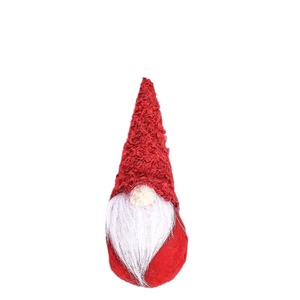 Christmas gnome plush ornament with red knitted hat and white beard on white background