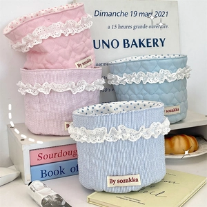 Quilted Fabric Storage Basket Desktop Organizer Bin Round Cylindrical With Lace Trim Heart Striped Pattern Zakka Style