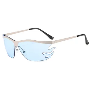 Y2K flame-shaped blue lens sunglasses with silver metal frame in a 45-degree angle view