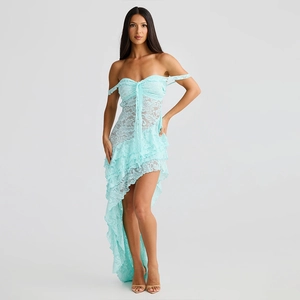 Detail of light blue lace dress featuring irregular hem and floral sheer fabric texture