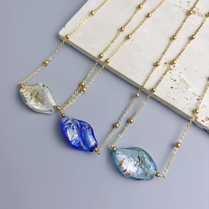 Irregular colored glass pendant necklace with 18K gold-plated titanium steel bead chain